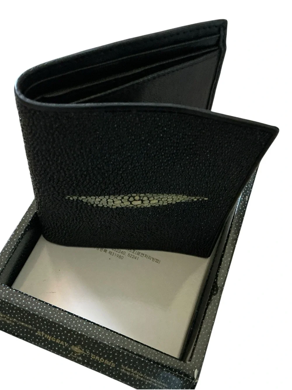 Genuine black stingray skin bifold wallet white cowhide leather men’s